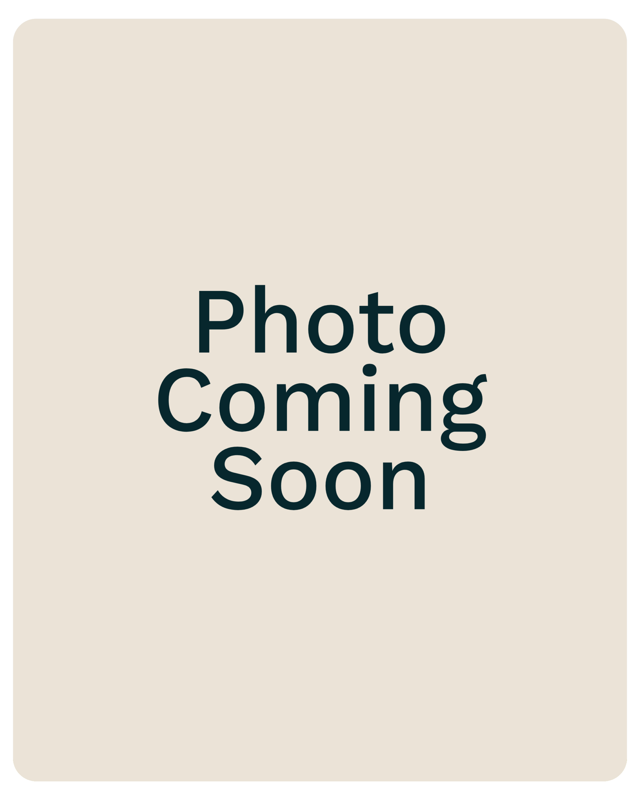 Beige rounded-card placeholder with large dark text reading 'Photo Coming Soon'.